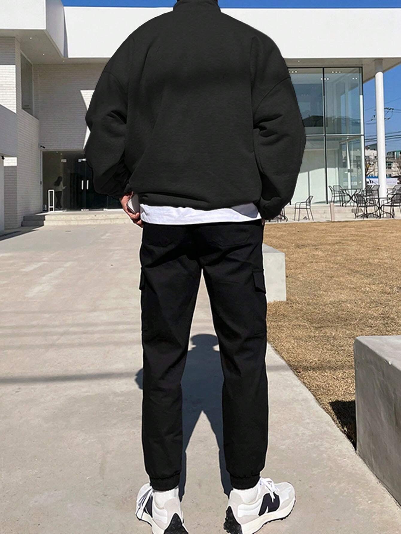 Manfinity Hypemode Men Letter Graphic Quarter Zipper Drop Shoulder Loose Sweatshirt without Tee, Light Grey Letter Long Sleeve Casual Mock Neck Sweatshirt, for Friends, Husband, Boyfriend Gifts