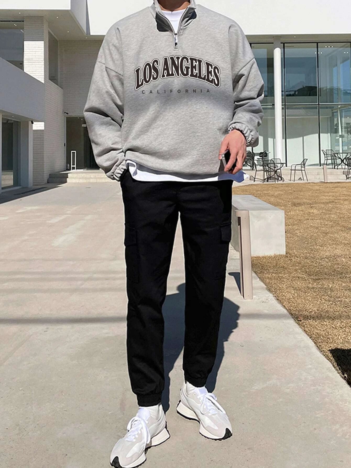 Manfinity Hypemode Men Letter Graphic Quarter Zipper Drop Shoulder Loose Sweatshirt without Tee, Light Grey Letter Long Sleeve Casual Mock Neck Sweatshirt, for Friends, Husband, Boyfriend Gifts