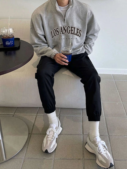 Manfinity Hypemode Men Letter Graphic Quarter Zipper Drop Shoulder Loose Sweatshirt without Tee, Light Grey Letter Long Sleeve Casual Mock Neck Sweatshirt, for Friends, Husband, Boyfriend Gifts