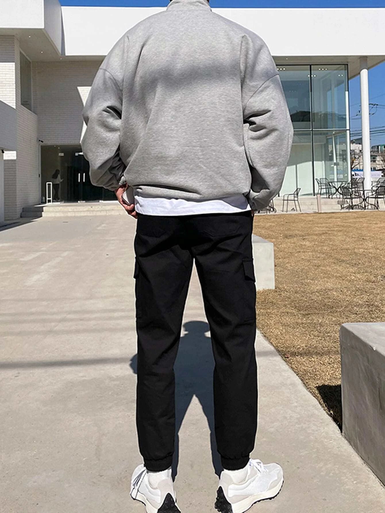 Manfinity Hypemode Men Letter Graphic Quarter Zipper Drop Shoulder Loose Sweatshirt without Tee, Light Grey Letter Long Sleeve Casual Mock Neck Sweatshirt, for Friends, Husband, Boyfriend Gifts