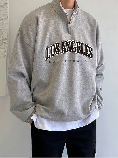 Manfinity Hypemode Men Letter Graphic Quarter Zipper Drop Shoulder Loose Sweatshirt without Tee, Light Grey Letter Long Sleeve Casual Mock Neck Sweatshirt, for Friends, Husband, Boyfriend Gifts