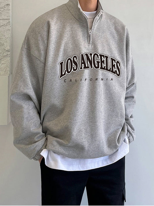 Manfinity Hypemode Men Letter Graphic Quarter Zipper Drop Shoulder Loose Sweatshirt without Tee, Light Grey Letter Long Sleeve Casual Mock Neck Sweatshirt, for Friends, Husband, Boyfriend Gifts