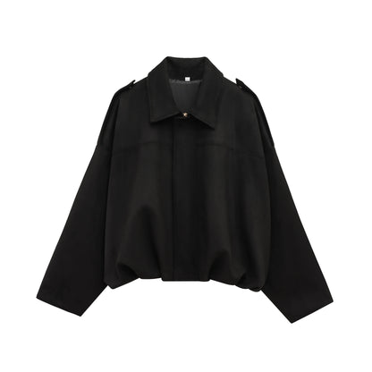 TRAFZA Women Brown Green Suede Jacket Loose Casual Bomber Coat Lapel Zipper Long Sleeve Jackets Vintage Lady Motorcycle Outwears