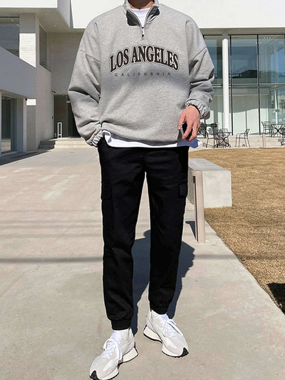 Manfinity Hypemode Men Letter Graphic Quarter Zipper Drop Shoulder Loose Sweatshirt without Tee, Light Grey Letter Long Sleeve Casual Mock Neck Sweatshirt, for Friends, Husband, Boyfriend Gifts