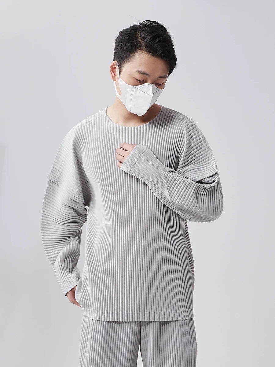 Miyake Pleated T-Shirts Stitching Long Sleeve round Neck Shirt Top Fashion Casual Loose Shirts Men Clothing