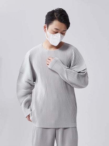 Miyake Pleated T-Shirts Stitching Long Sleeve round Neck Shirt Top Fashion Casual Loose Shirts Men Clothing