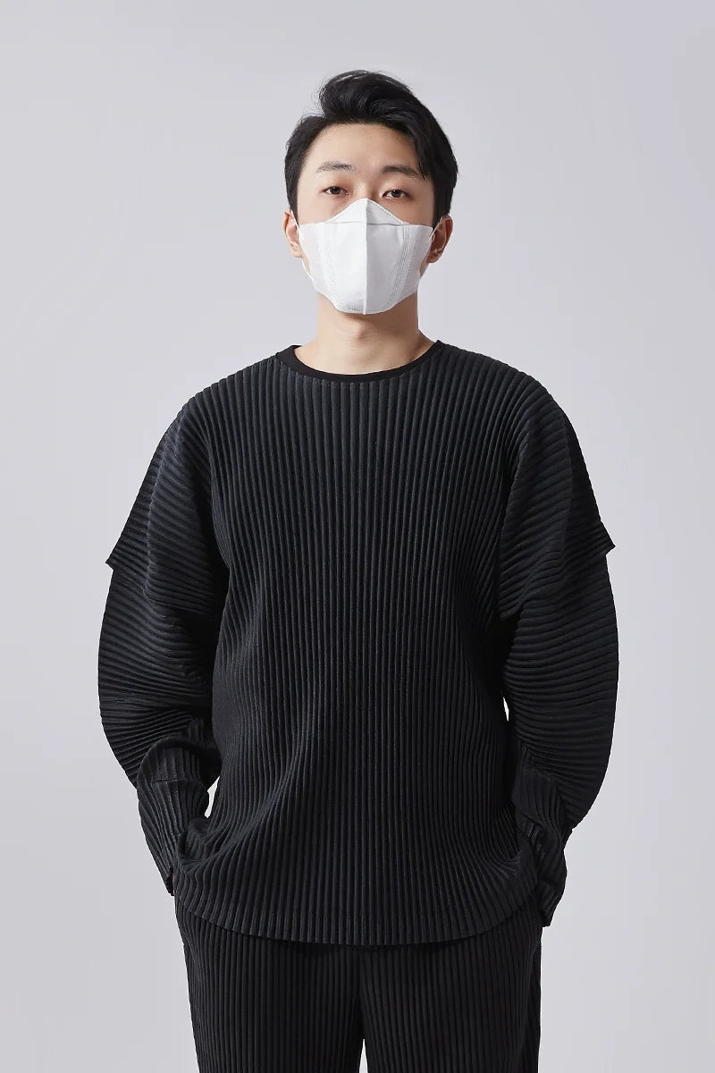Miyake Pleated T-Shirts Stitching Long Sleeve round Neck Shirt Top Fashion Casual Loose Shirts Men Clothing