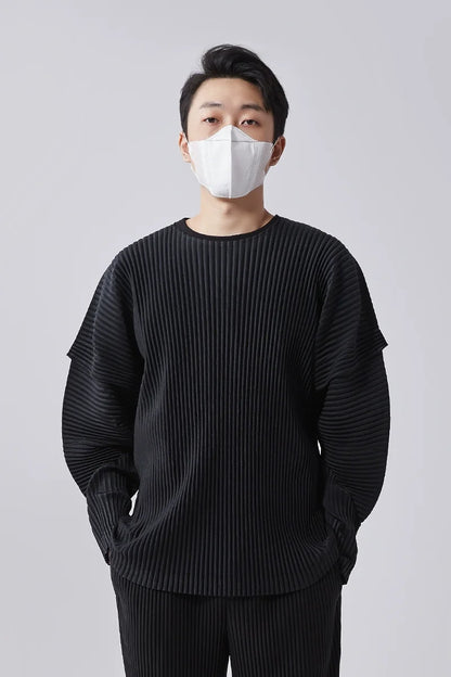 Miyake Pleated T-Shirts Stitching Long Sleeve round Neck Shirt Top Fashion Casual Loose Shirts Men Clothing
