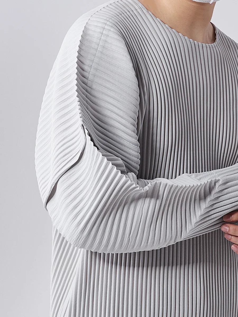 Miyake Pleated T-Shirts Stitching Long Sleeve round Neck Shirt Top Fashion Casual Loose Shirts Men Clothing