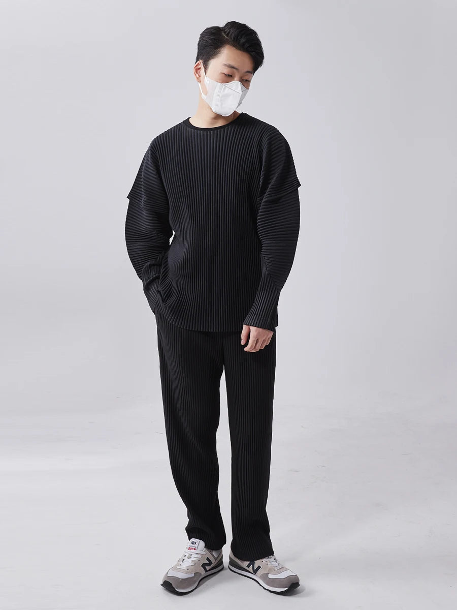 Miyake Pleated T-Shirts Stitching Long Sleeve round Neck Shirt Top Fashion Casual Loose Shirts Men Clothing