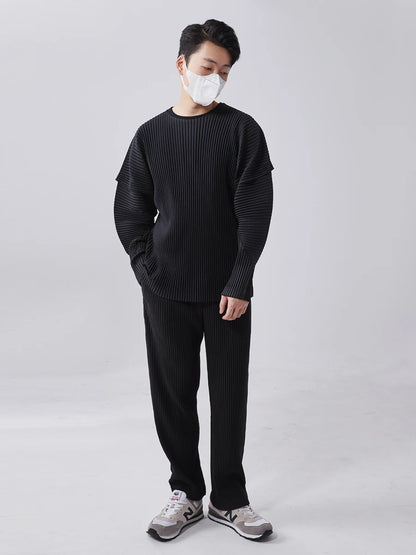Miyake Pleated T-Shirts Stitching Long Sleeve round Neck Shirt Top Fashion Casual Loose Shirts Men Clothing