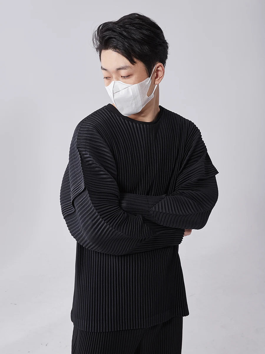 Miyake Pleated T-Shirts Stitching Long Sleeve round Neck Shirt Top Fashion Casual Loose Shirts Men Clothing
