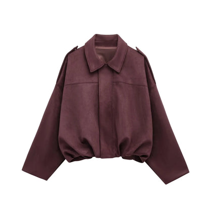 TRAFZA Women Brown Green Suede Jacket Loose Casual Bomber Coat Lapel Zipper Long Sleeve Jackets Vintage Lady Motorcycle Outwears