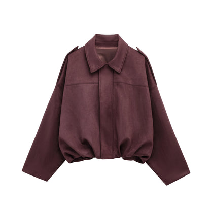 TRAFZA Women Brown Green Suede Jacket Loose Casual Bomber Coat Lapel Zipper Long Sleeve Jackets Vintage Lady Motorcycle Outwears