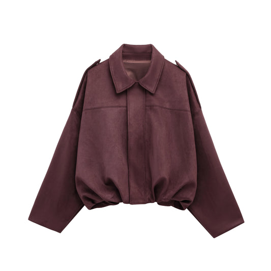 TRAFZA Women Brown Green Suede Jacket Loose Casual Bomber Coat Lapel Zipper Long Sleeve Jackets Vintage Lady Motorcycle Outwears