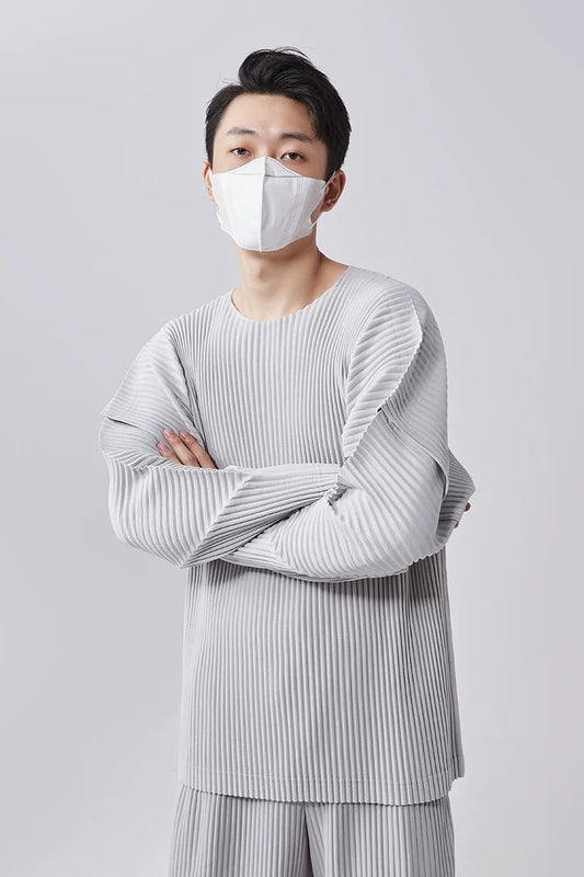 Miyake Pleated T-Shirts Stitching Long Sleeve round Neck Shirt Top Fashion Casual Loose Shirts Men Clothing